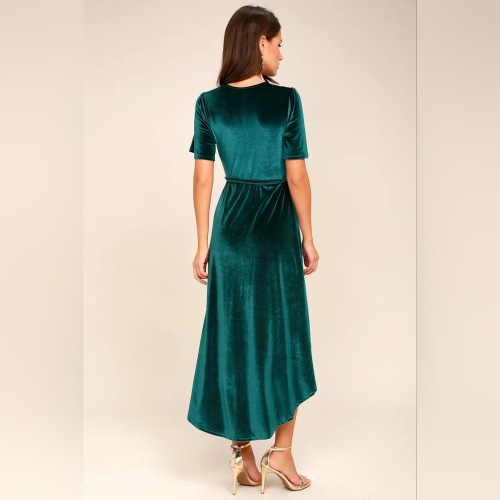 Lulus Amour Teal Green Velvet High-Low Wrap Dress - Picture 3 of 11